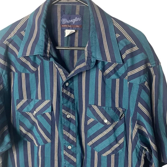 Wrangler Men’s Vintage Striped Pearl Snap Short Sleeve Western Shirt Teal Blue - Picture 2 of 7